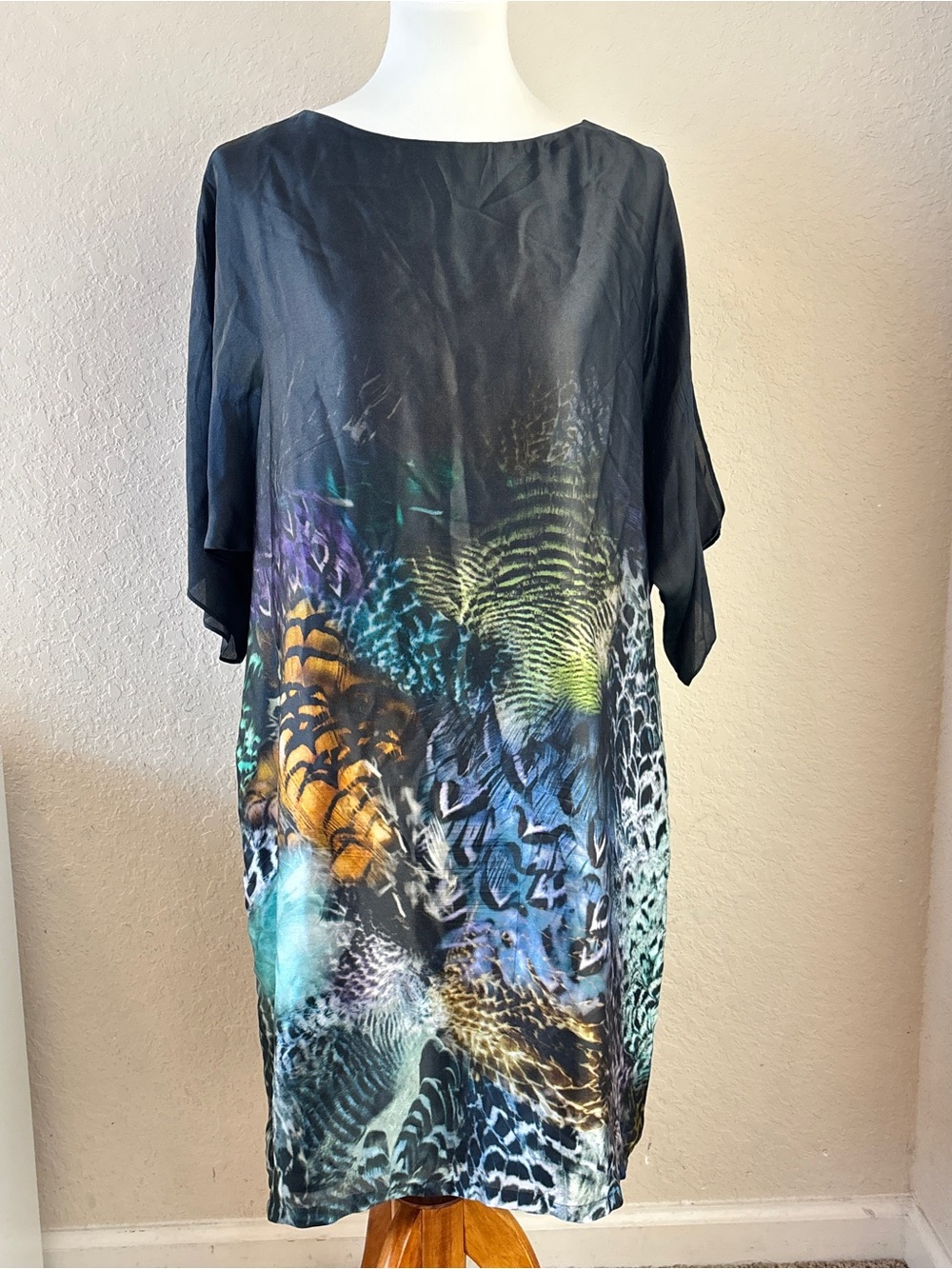 Rickie Freeman Teri Jon 100% Silk Overlay Midi Dress Black Animal Print Size 12